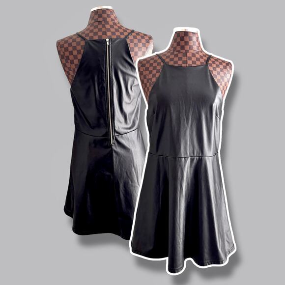 Black Faux Leather Skater Dress XL Juniors Goth Whimsigoth Punk Vinyl Latex - Picture 1 of 8